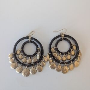 Brown Leather Wrapped Hoop Earrings with Gold Disc Drops